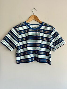 Dickies Striped Cropped Blue Y2K Tee With Pocket Medium